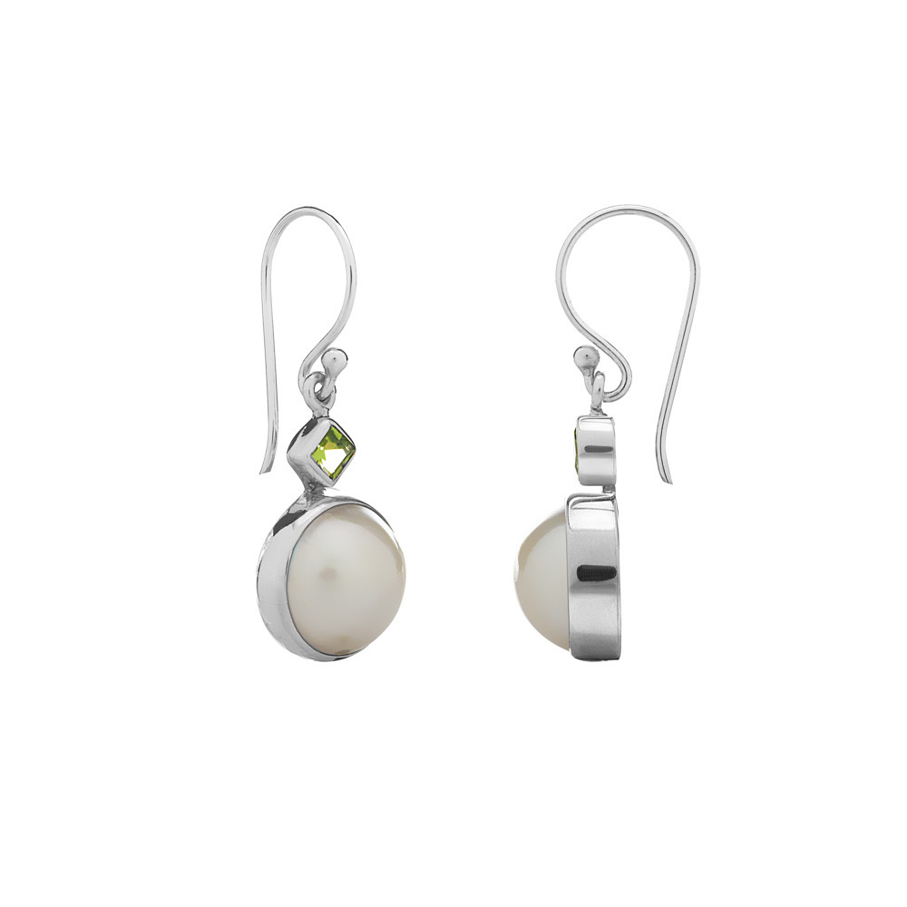 Perlové náušnice s Olivínem - Bílá / Sterlingové stříbro (925)