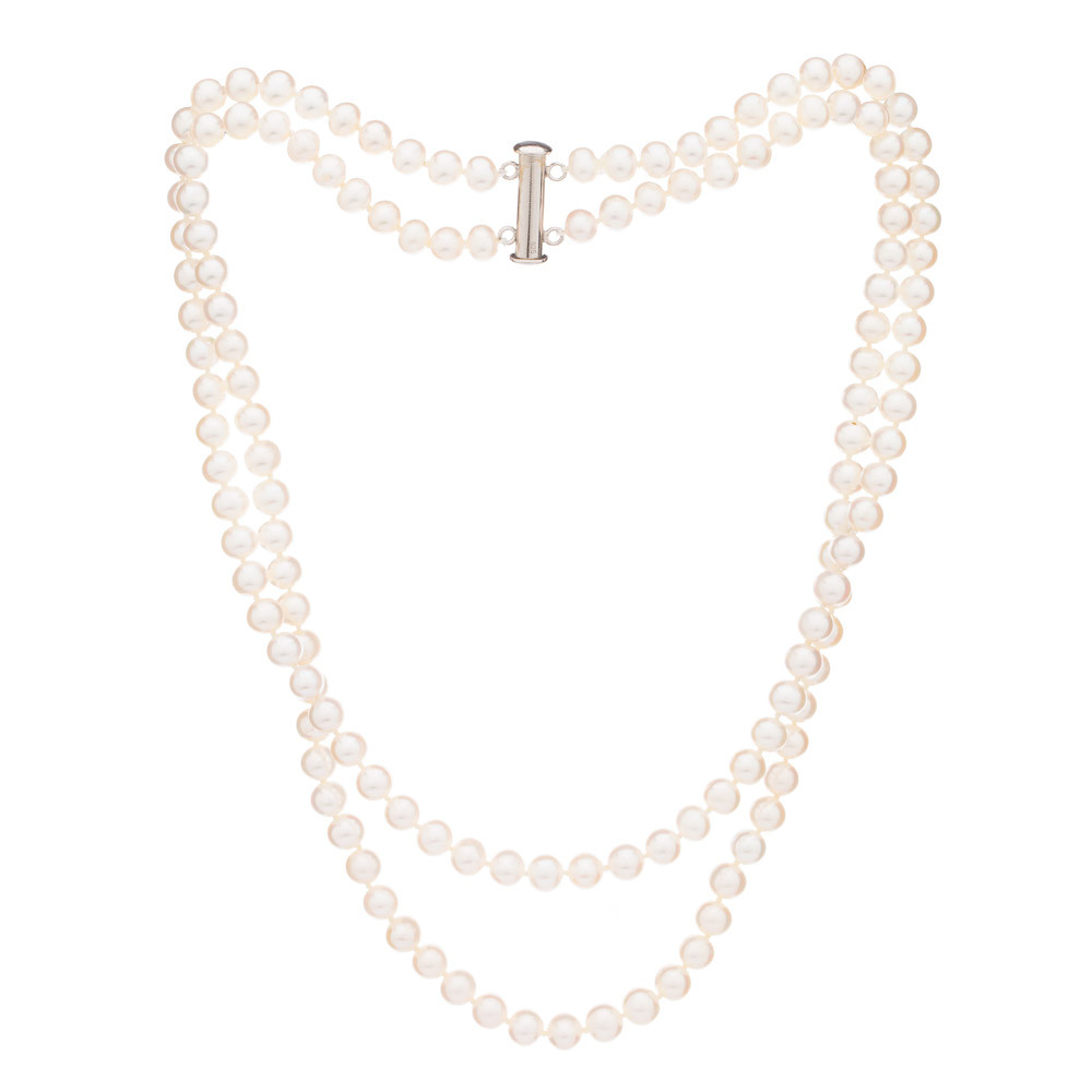 Dvojitý perlový náhrdelník 6 AA - Bílá / Rhodiované stříbro (925) / 44 cm